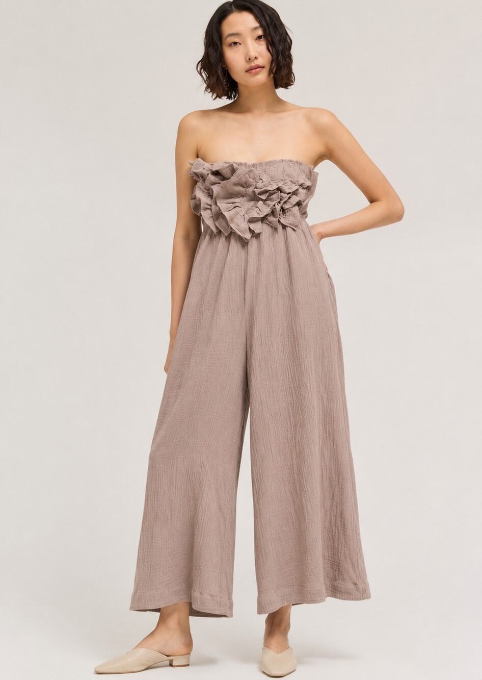 Grade & Gather Ruffle Front Gauze Cotton Jumpsuit M Beach Boho Stretch Pull On